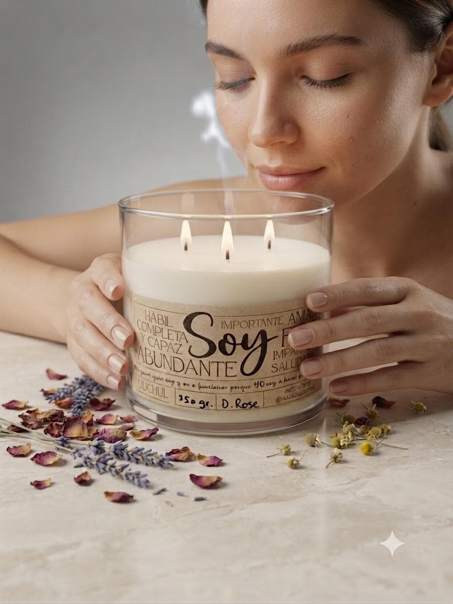 Mujer abrazando la vela Soy de UUCHUL, con sus tres mechas encendidas