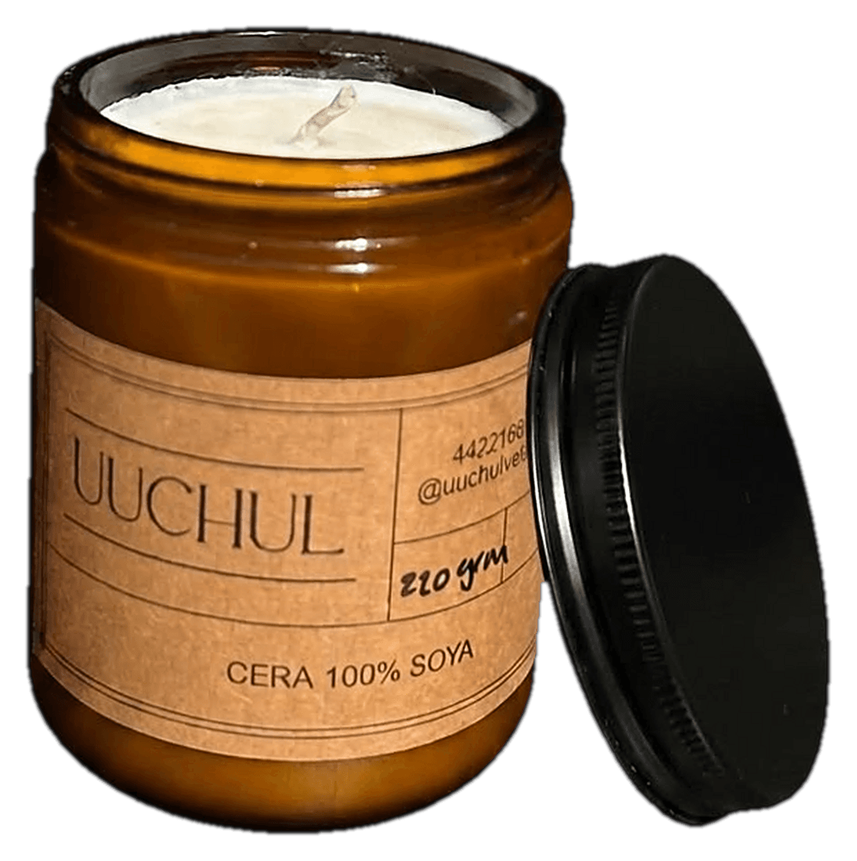 Vela UUCHUL en frasco ámbar, encendida